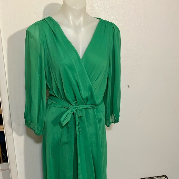 DKNY surplice bodice mock wrap dress with sheer sleeves 12 layered crepe - Picture 1 of 15